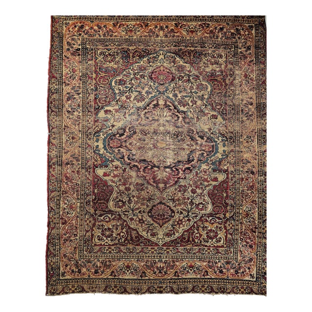 19th-Century Persian Kerman Lavar Area Rug, Handwoven Floral Pattern, Ivory & Red, 4’ X 5’ For Sale