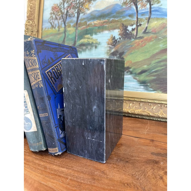 Mid-Century Modern Vintage Black Likely Marble Bookends - Solid Rectangular Pair With White Veining, Mid-20th Century. For Sale - Image 3 of 8