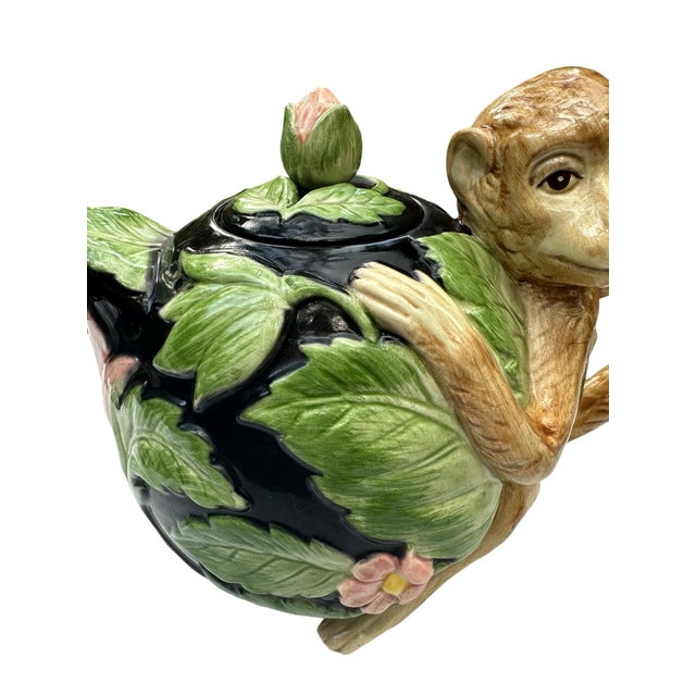 Ceramic 1986 Vintage Fitz & Floyd Floral Leaves & Monkey Tea Pot For Sale - Image 7 of 12