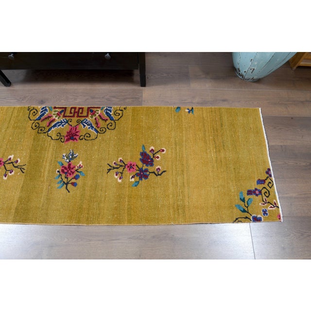 1970s Vintage Turkish Handmade Wool Cotton Yellow Runner Rug For Sale - Image 10 of 11