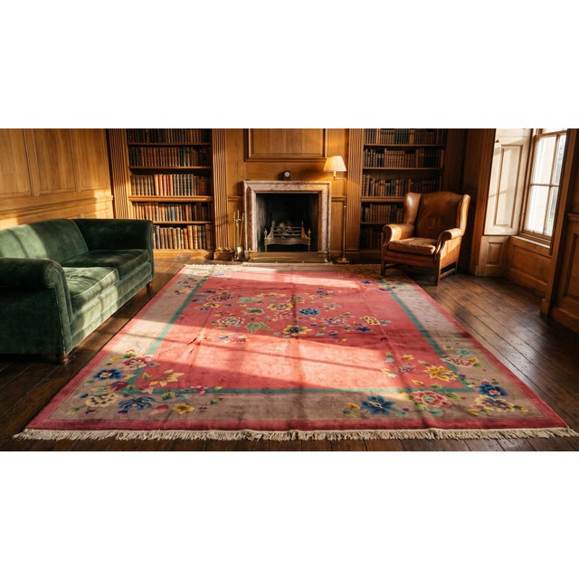 1920s Pink Floral Antique Chinese Art Deco Rug 9' X 11'6" Handknotted Wool Carpet For Sale - Image 9 of 9