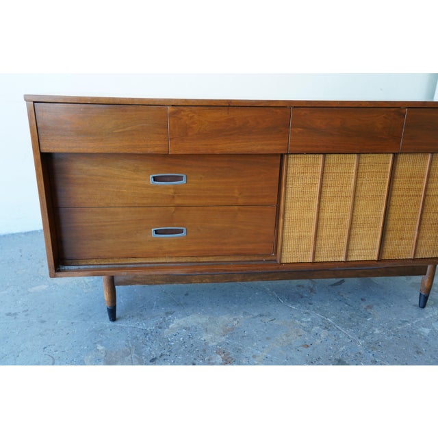 Mid-Century Modern 1960s Mid-Century Modern Hooker Walnut & Cane Lowboy Dresser 64” For Sale - Image 3 of 18