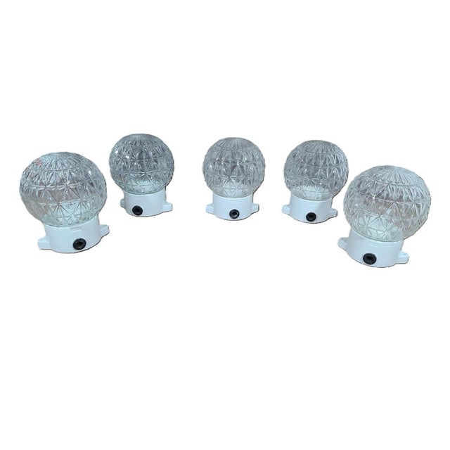 Vintage Wall Lamps with Glass Spheres on White Ceramic Base, 1970s, Set of 5 For Sale - Image 12 of 18