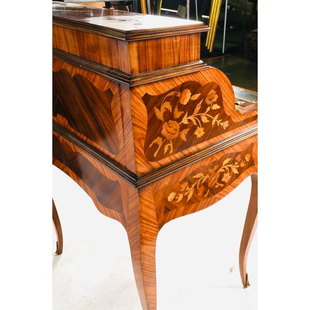 1970s Striking Italian Inlaid Tambour Secretary Desk / Petite Marquetry Writing Desk With Automatic Roll Top For Sale - Image 9 of 9