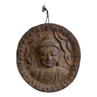 Carved Wooden Wall Amulet Depicting the Buddha in the Gandhara Style with Om Symbol on the Back, 20th Century For Sale