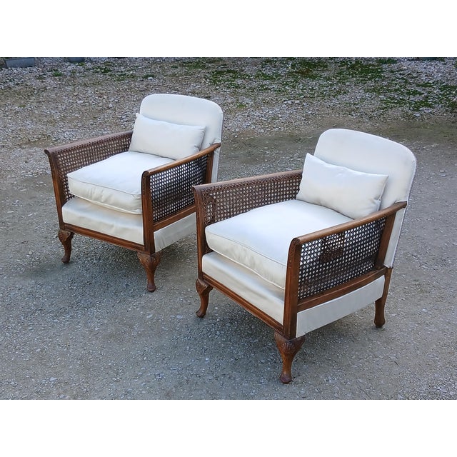 Wood Vintage Louis XV Style Cane and White Fabric Armchairs, 1950, Set of 2 For Sale - Image 7 of 10