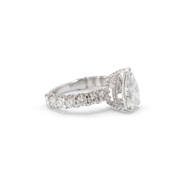 10k White Gold Igi 4.26ctw Pear Shape Lab Grown Diamond Halo Pave Engagement Ring, Size 7.25 For Sale - Image 4 of 8