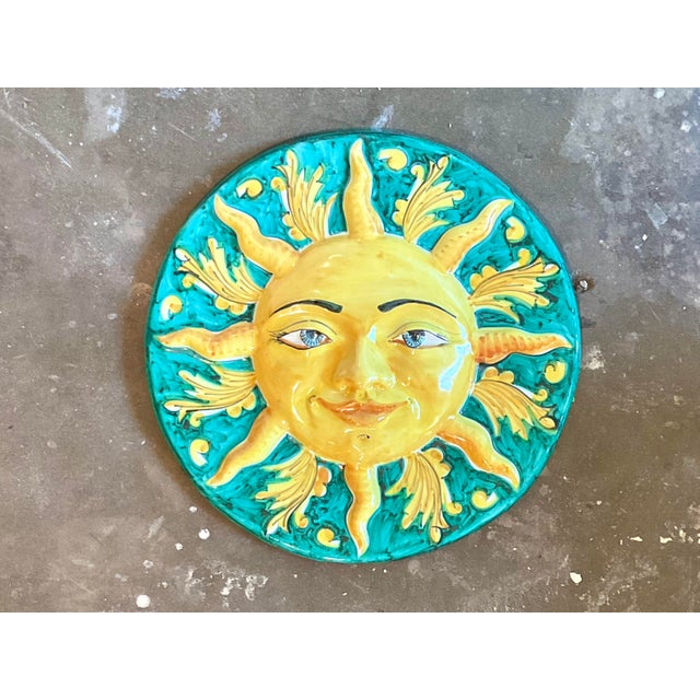 Folk Art Vintage Italian Glazed Ceramic Sun Plaque For Sale - Image 3 of 7