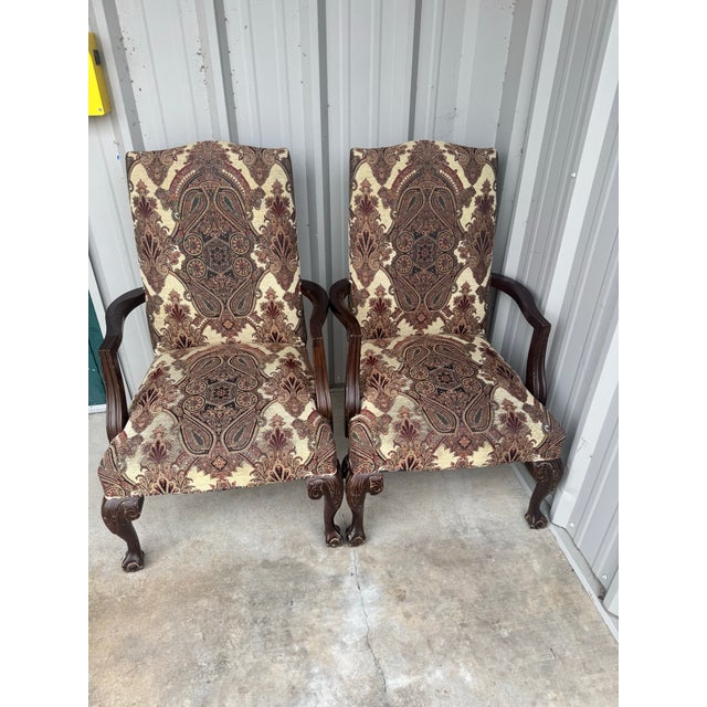 Wood 2 Vintage Queen Anne Accent Chairs, Paisley Tapestry Armchairs, Cabriole Legs For Sale - Image 7 of 11
