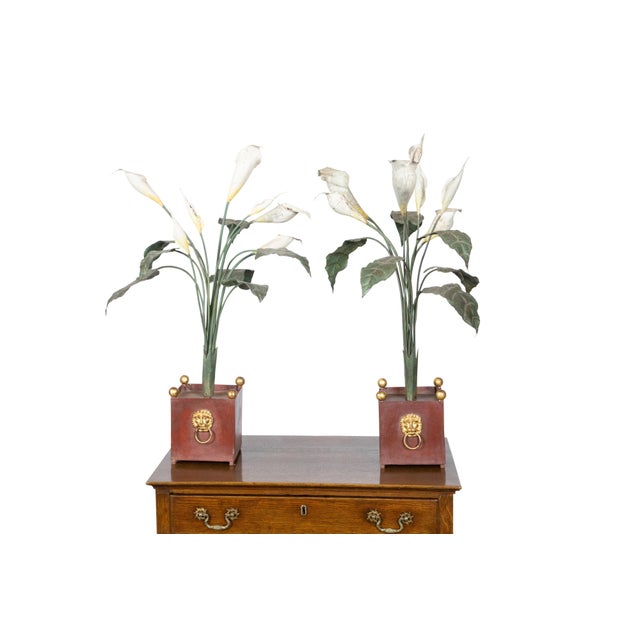 Metal Pair of Italian 1930s Tôle Calla Lillies Sculptures in Red and Gold Containers For Sale - Image 7 of 12