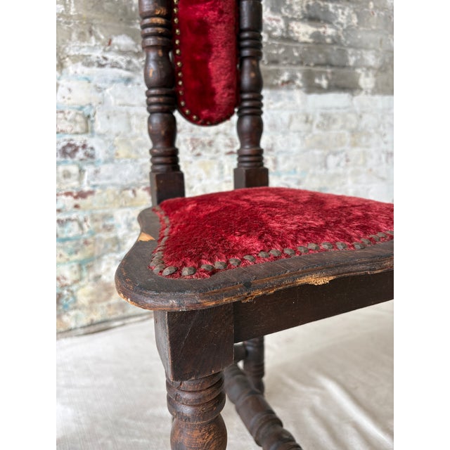 Vintage Spanish Revival Prayer Chairs With Red Velvet Upholstery – Pair For Sale - Image 14 of 18