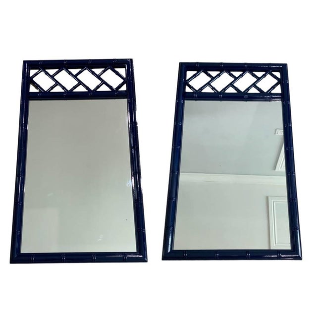 Faux Bamboo Navy Blue Chinoiserie Chippendale Palm Beach Aloha Wall mirrors pair Stunning vintage faux bamboo mirrors...