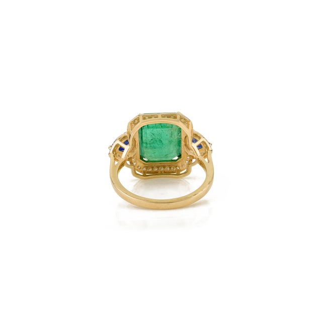 6.53 Carat Emerald Sapphire & Diamond 14k Gold Vintage Statement Ring Size 5.5 For Sale - Image 9 of 15