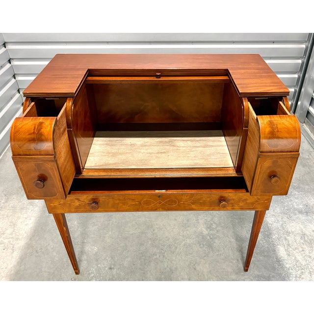 Charak Furniture Co. 1930s Charak Furniture Co. Federal Revival Inlaid Tambour Desk For Sale - Image 4 of 15