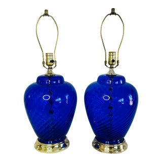 Vintage Cobalt Blue Swirl Glass Table Lamps, a Pair For Sale