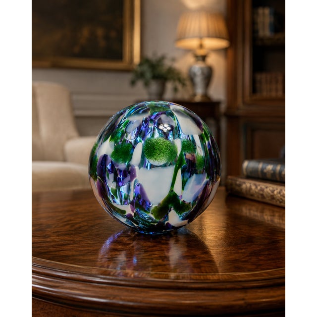 Pyromania Oregon Float Hand Blown Art Glass Orb Ball Paperweight Blue Green Purple Studio Glass Sculpture Coastal Decor Gift 4.5" For Sale - Image 4 of 9