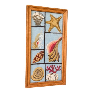 Vintage Coastal Needlepoint Seashell Textile Art in Wood Frame For Sale