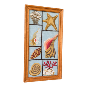 Vintage Coastal Needlepoint Seashell Textile Art in Wood Frame
