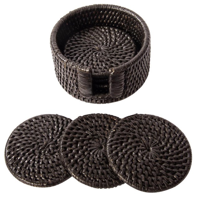 Artifacts Rattan Round Coasters with Box in Tudor Black - 7 Pieces For Sale - Image 4 of 6