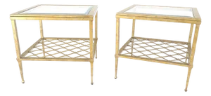 Pair of Square Glass Top Gold Gilt Metal Glass Top End Tables Stands