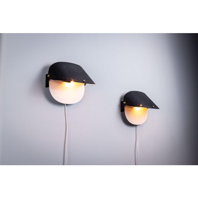 Metal Matte Black Wall Lamps with Perforated Shades and Brass Details, Set of 2 For Sale - Image 7 of 16