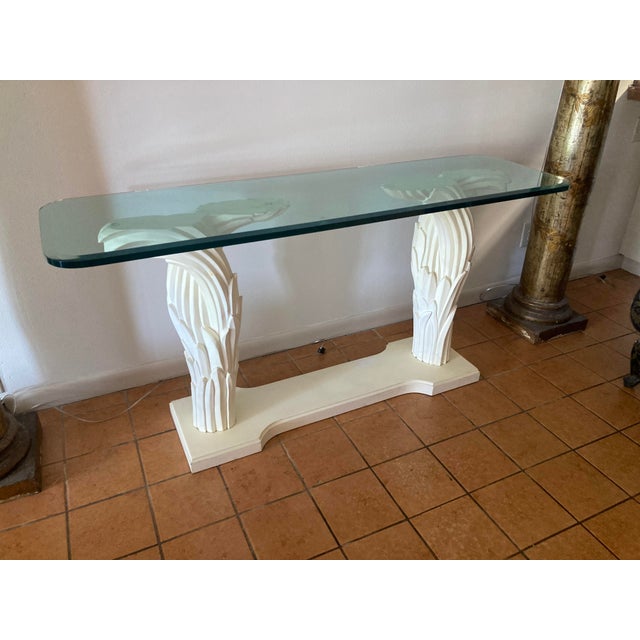 Hollywood Regency Serge Roche Double Palm Blanc Console With Thick Glass Top For Sale - Image 3 of 9