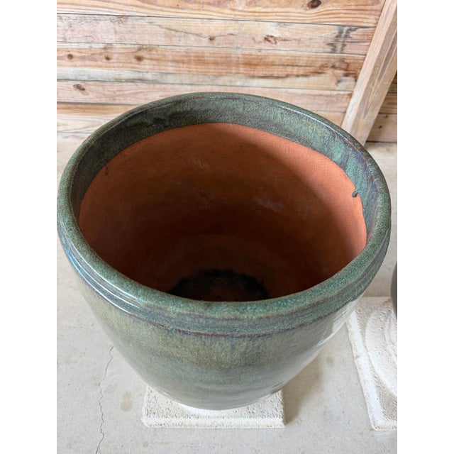 Large Green Drip Glaze Ceramic Planters on Cast Stone Pedestals-Pair For Sale - Image 4 of 12