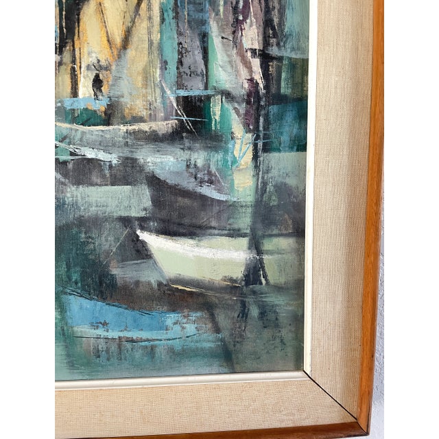 Blue 1960s Vintage Harbor Scene Jean Kalisch Abstract Painting Oil on Board For Sale - Image 8 of 12
