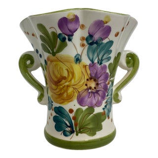 Vintage Portuguese Hand Painted Floral Two Handled Vase For Sale