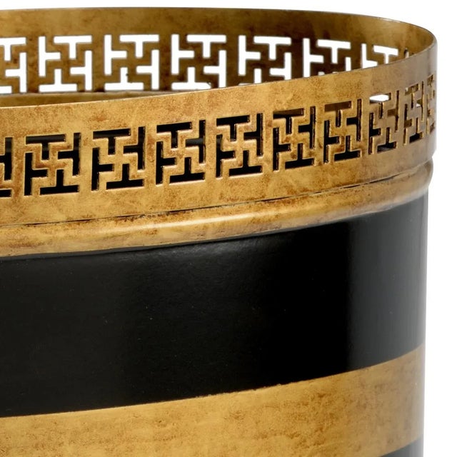 Black Lacquered Iron Wastebasket With Antique Gold Details. Features Stunning Antique Gold Fretwork Trim. Collect Trash In...