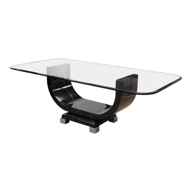 Art Deco Style Black Lacquer Dining Table With Glass Top For Sale