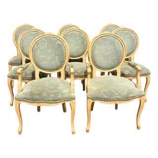 French Louis XVI Style Dining Chairs and Armchairs in Faded Teal Floral Upholstery, 1950s, Set of 8 For Sale