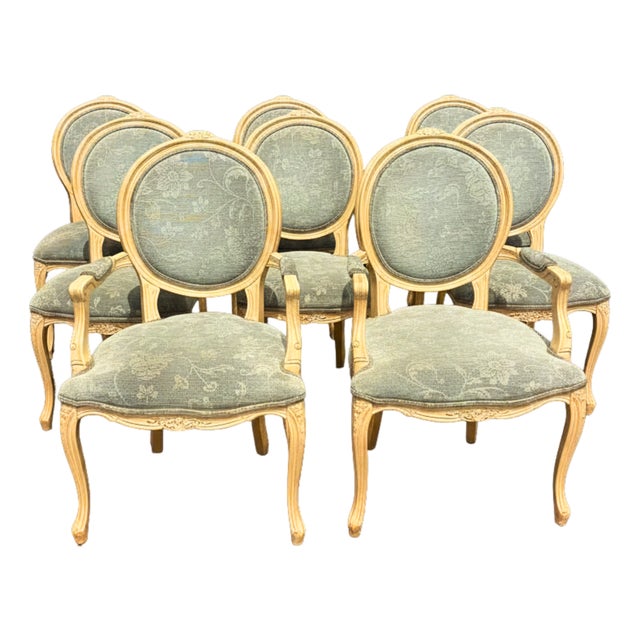 French Louis XVI Style Dining Chairs and Armchairs in Faded Teal Floral Upholstery, 1950s, Set of 8 For Sale