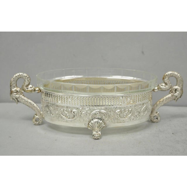 Vintage Italian Regency Silver Plated Dolphin Handle Glass Candy Dish Jardiniere For Sale - Image 16 of 16