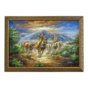 Western Painting Oil on Canvas, Scene of a Roundup, Late 20th Century