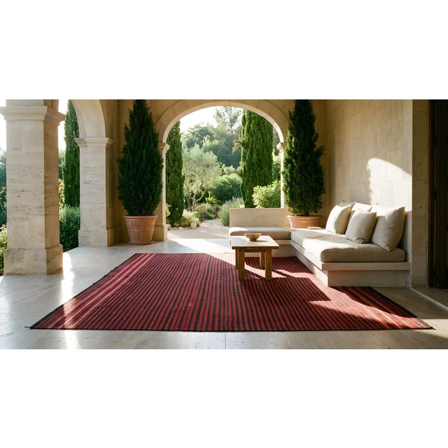 1920s Red Background Stripe Black and Ivory Desing Antique Navajo Rio Grande Rug For Sale - Image 17 of 17