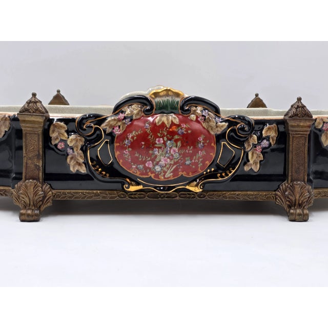 1920s Antique XL Castilian Porcelain Bronze Bowl Centerpiece Clawfoot Floral Victorian For Sale - Image 5 of 15