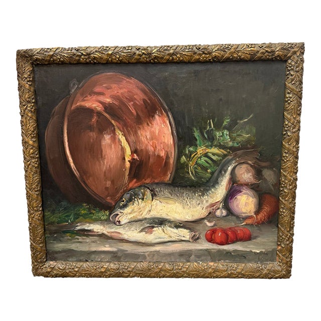 Antique Vintage French Fish Still Life Oil Painting For Sale