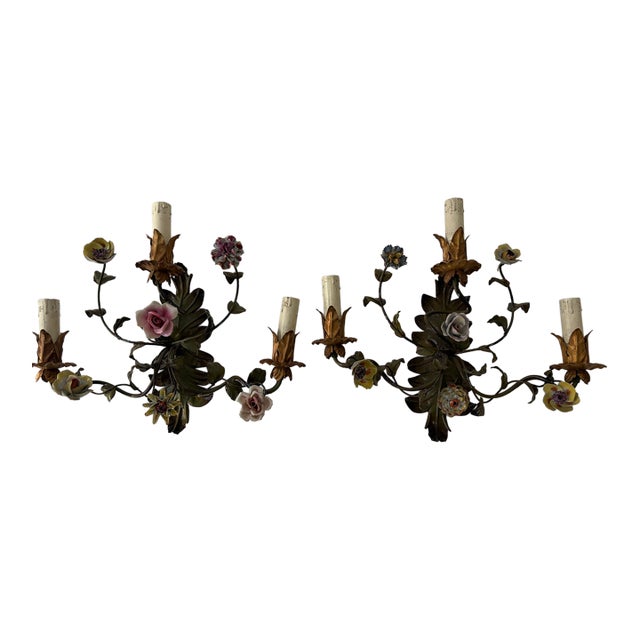 19th Century Big Italian Tole and Porcelain Flowers Polychrome Sconces 3 Lights For Sale