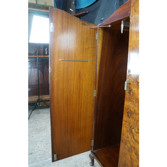 Antique English Art Deco Queen Anne Style Burr Walnut Armoire Wardrobe Closet For Sale - Image 13 of 18