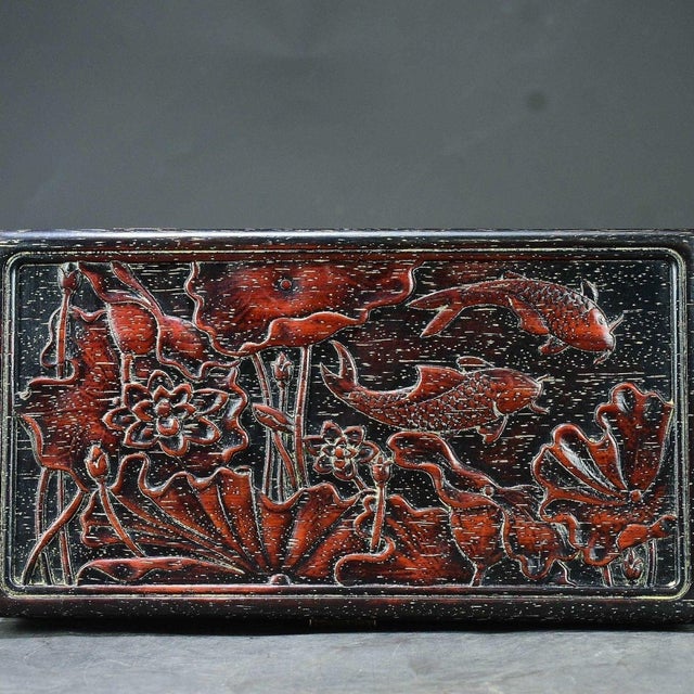 1990s Vintage Chinese Rosewood Box With Deep Relief Carving & Fish Motif For Sale - Image 5 of 10
