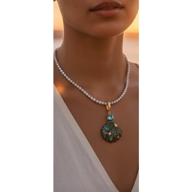 Modern Epic Australian Opal Shell Pendant With Diamonds, Emerald & 14k Gold For Sale - Image 3 of 10