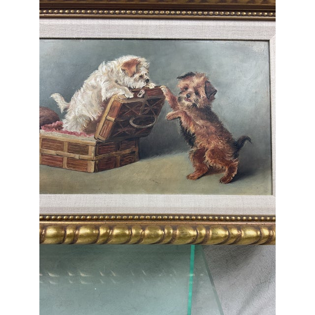 Chestnut Antique Oil Painting on Board of Playful Pups in Nice Gold Gilt Frame For Sale - Image 8 of 9