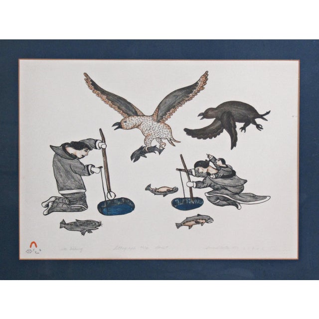 Authentic Cape Dorset (Kinngait) Inuit art lithograph titled Ice Fishing by Sorosiluto Ashoona (also spelled...