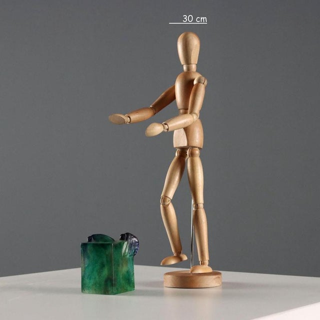 Glass paste paperweight cube in shades of green and blue. 'Moth' or 'Falena' model. Artist's signature engraved on the...