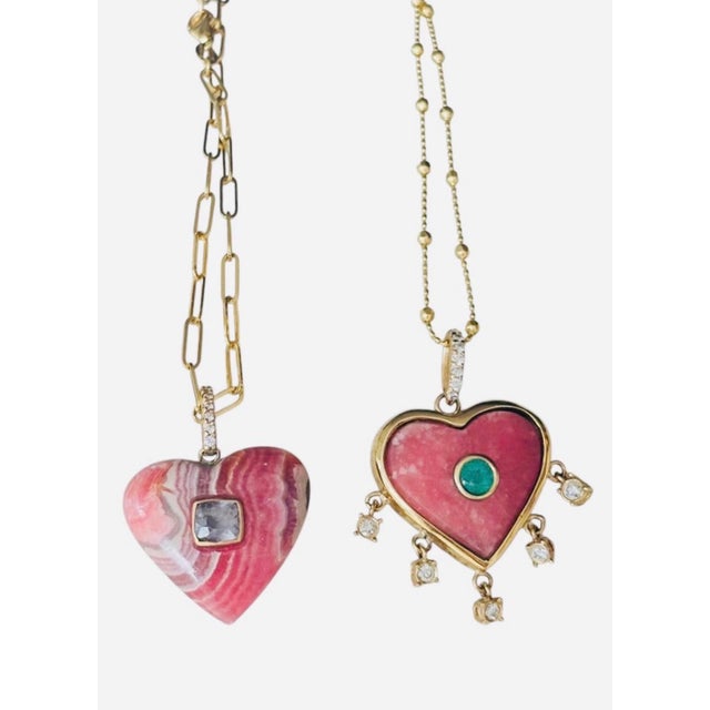 Modern Rhodochrosite Heart Pendant With Emerald, Diamonds & 14k Gold For Sale - Image 3 of 9
