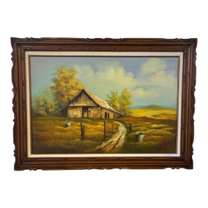 Signed Berlin Vintage Rustic Barn Landscape Oil Painting in Carved Wood Frame