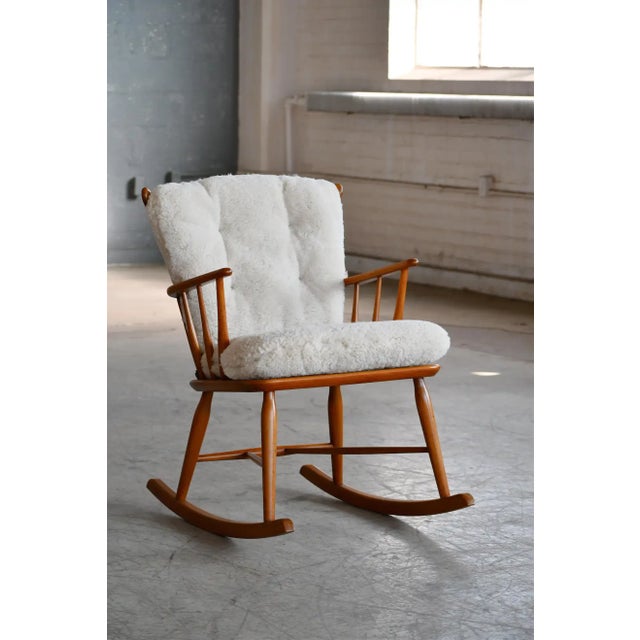 Faarstrup 1950 Low Backrest Spindle Back Rocking Chair With Shearling Cushions For Sale - Image 10 of 10