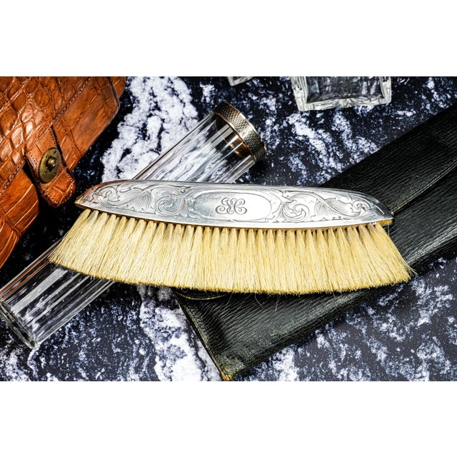 Beautiful Pair Ornate Sterling Silver Antique Clothing Brushes Leather Case Vanity Dresser Home Decor For Sale - Image 10 of 15