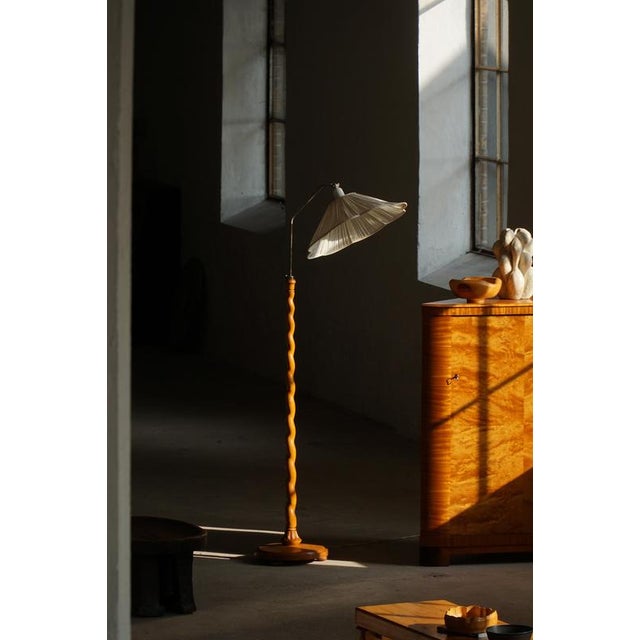 1940s Mid-Century Swedish Floor Lamp with Turned Birch Base and Pleated Shade, 1940s For Sale - Image 5 of 18